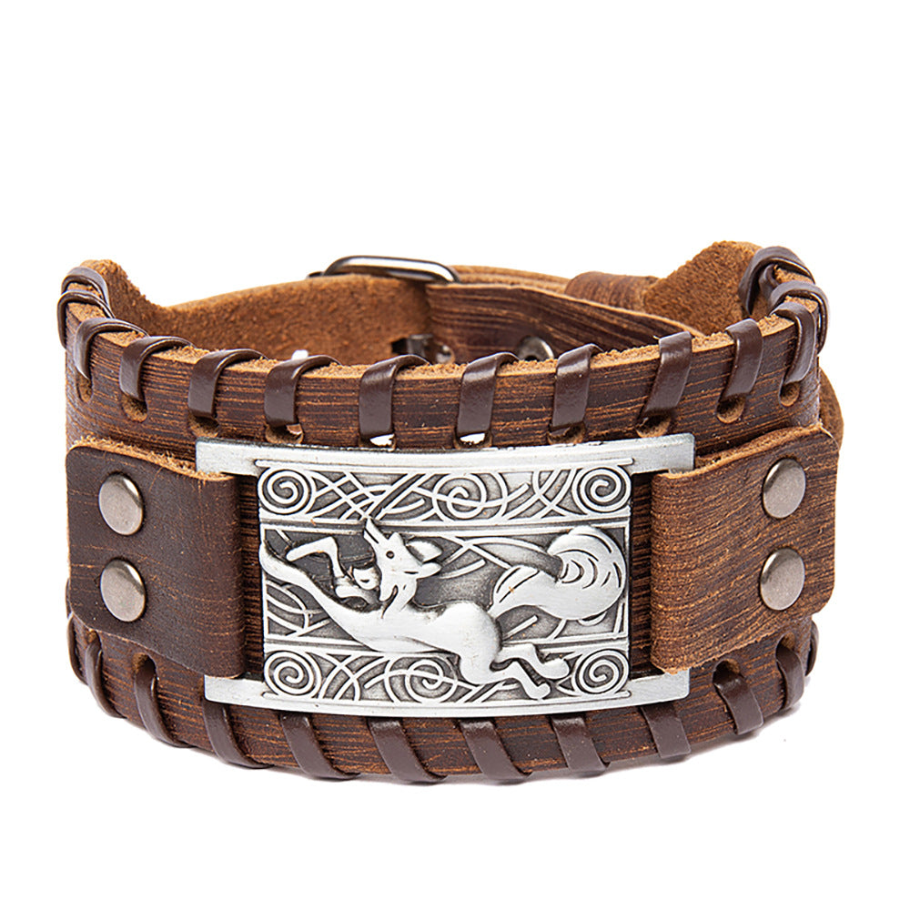 Wholesale Men's Alloy Fox Wide Leather Braided Bracelet